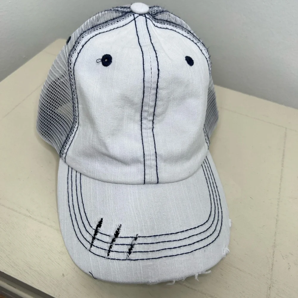 Brand New-White & Blue Distressed Baseball Hat